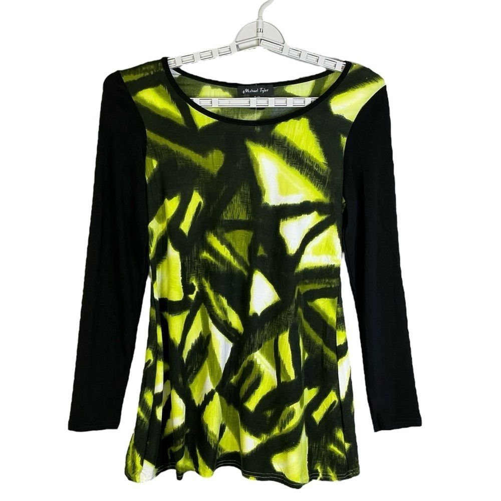 Michael Tyler Collections Top Abstract Print Long Sleeve Tunic Green Black S